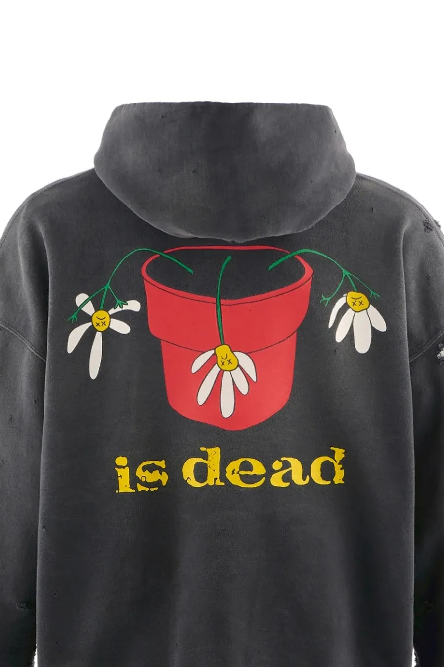 SAINT Mxxxxxx × DE LA SOUL DLS_HOODIE/DE LA SOUL/BLK DE LA SOUL co-branded potted plant destruction hoodie, washed black S-XL, a very important hoodie this season. It embodies the brand philosophy through the humorous potted plant and slogan design. In addition, through a large number of hand-made fraying, cutting and other damage processing, as well as heavy washing and oxidative fading treatment, a perfect Vintage effect is created. Original mold opening Customized co-branded main mark and wash water mark, correct version